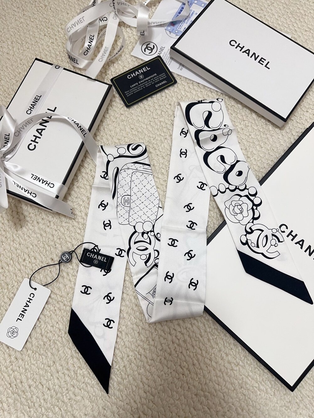 Chanel White Classic Flap Print Silk Twilly Scarf